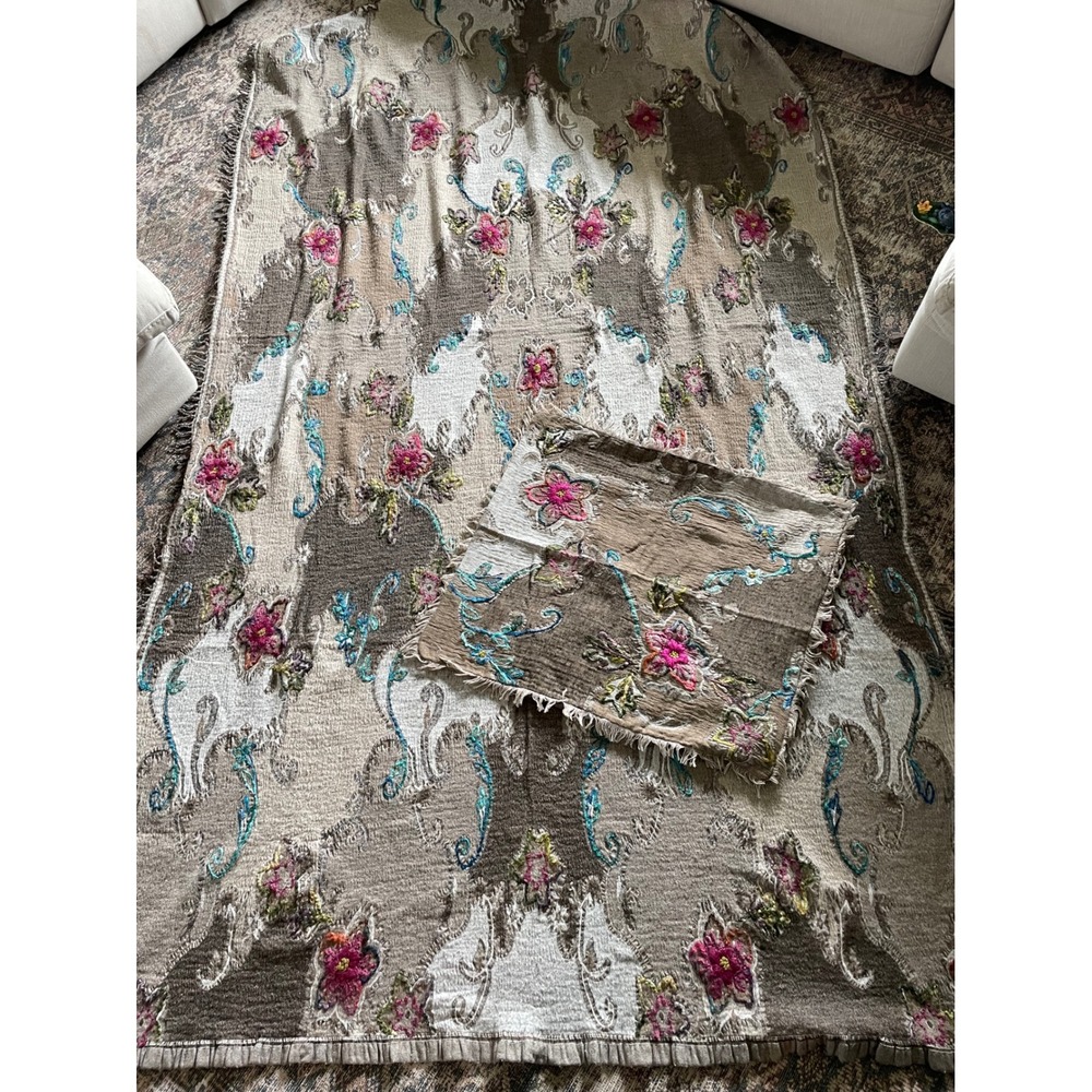 Soft Surroundings Twin XL Blanket Set Wool Blend Floral Embroidered Cottagecore